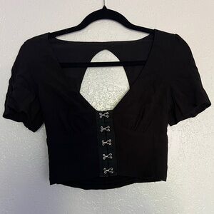 Forever 21 Black Hook & Eye Corset Style Crop Top Ruffle Sleeve